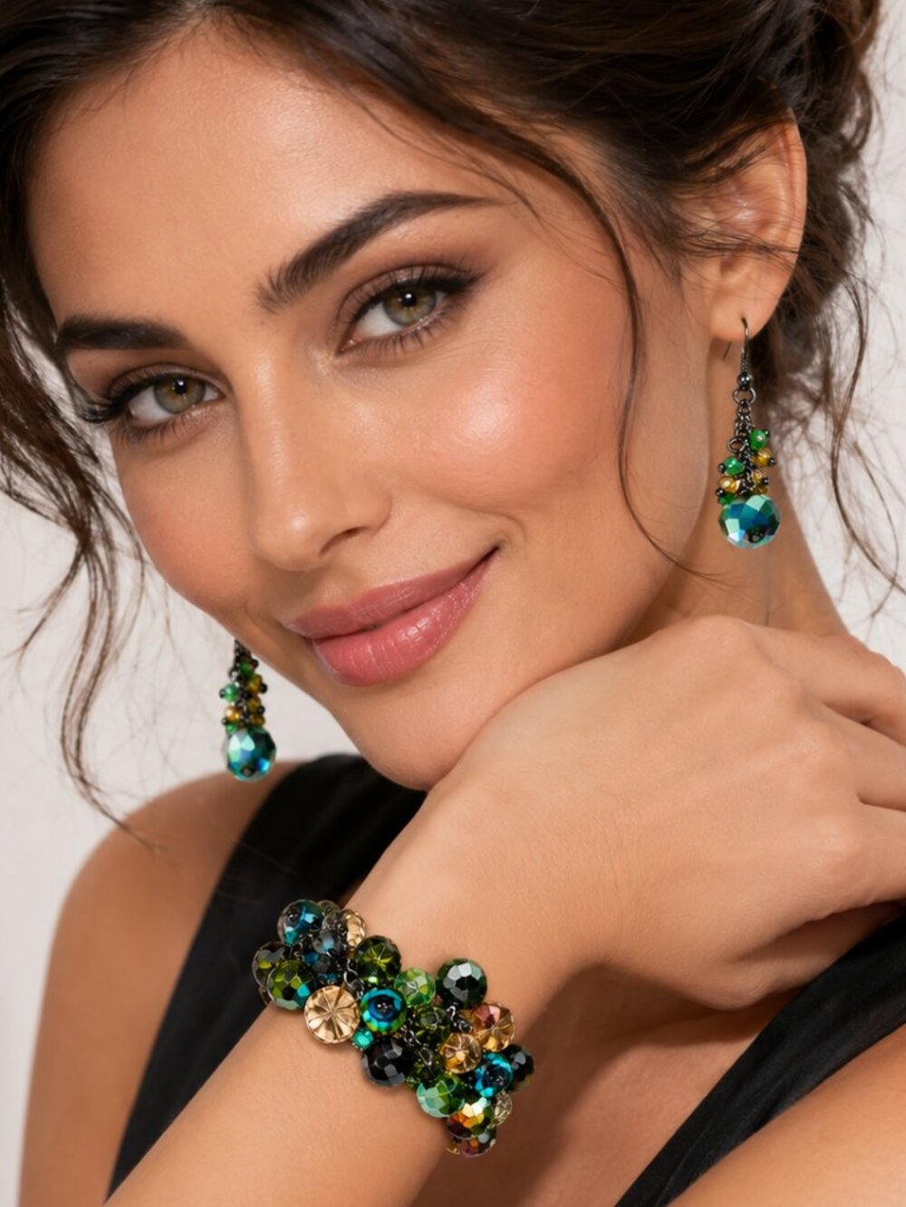 Earrings & Bracelet Set of Faceted Green & Gold Colored AB Beads